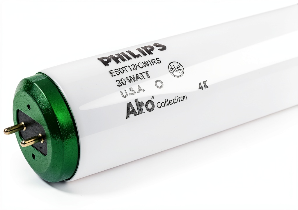 Philips fluorescent linear bulb illuminating a warehouse aisle