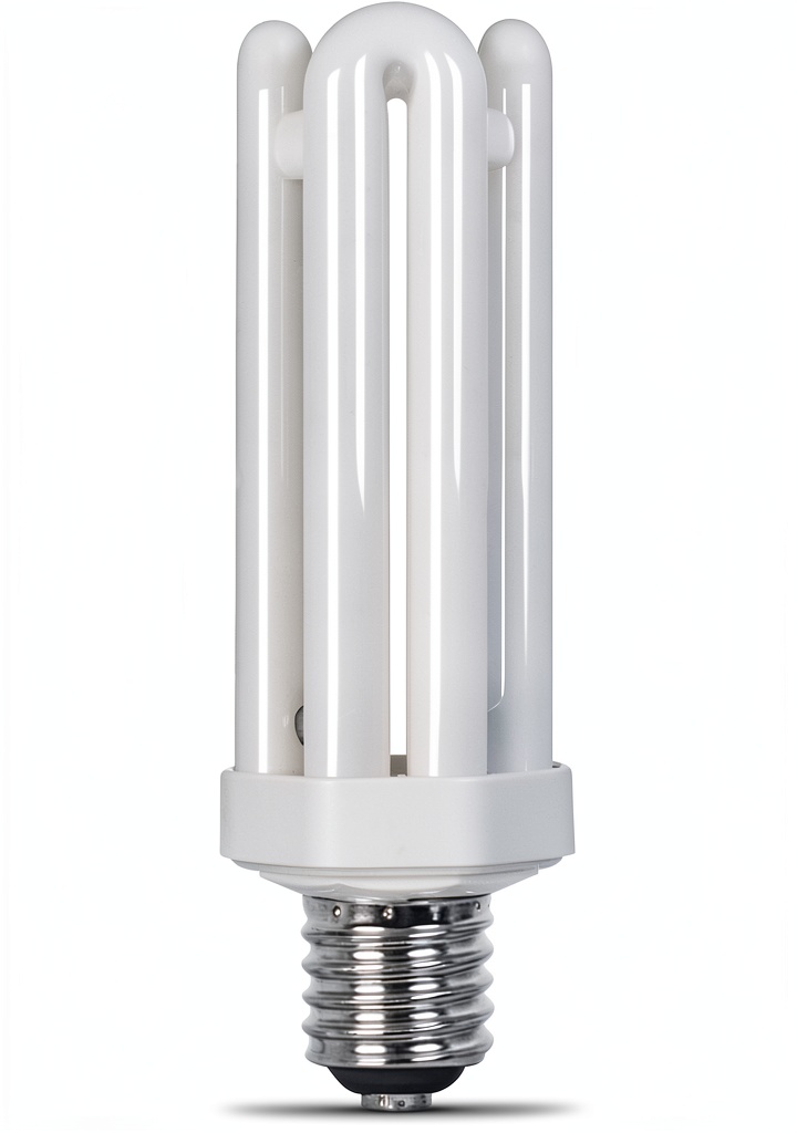 Feit Electric fluorescent bulb installation in garage workshop showing even light distribution