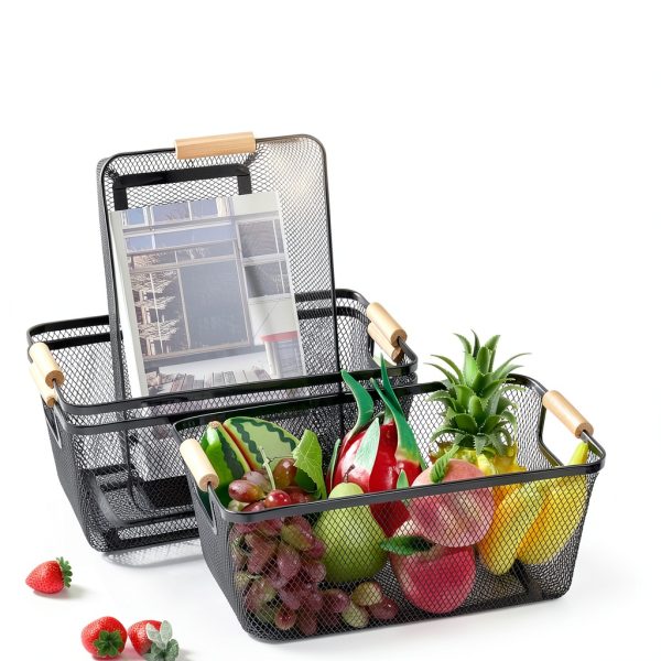 Metal Wire Basket 4pcs Large Black with Wooden Handles by Ziliny-3