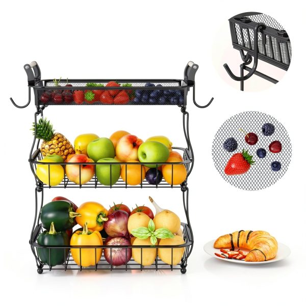 3 Tier Fruit Basket Bowl Miyawell Black Wire Stand Banana Hangers-2