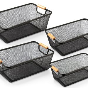Metal Wire Basket 4pcs Large Black with Wooden Handles by Ziliny-0