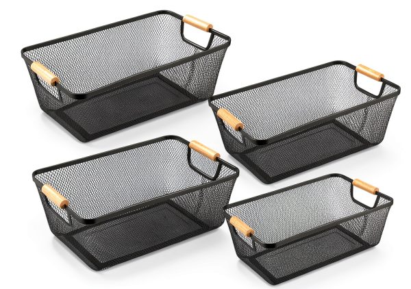 Metal Wire Basket 4pcs Large Black with Wooden Handles by Ziliny-0