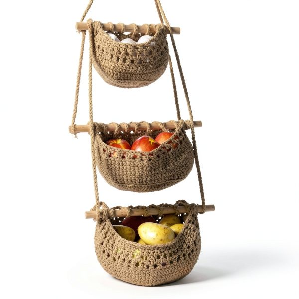 Cotton Hanging Fruit Basket JMZ E Home 3-Tier Woven Basket Boho Brown-5