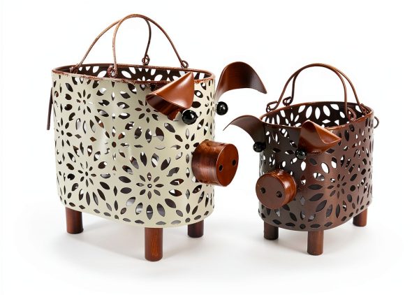 Metal Decorative Small Baskets Zoreal Pig Design Set of 2 White-5