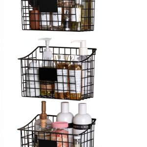 Wall Mounted Bin Basket Xcosrack 3 Pack Metal Wire with 5 Hooks-0