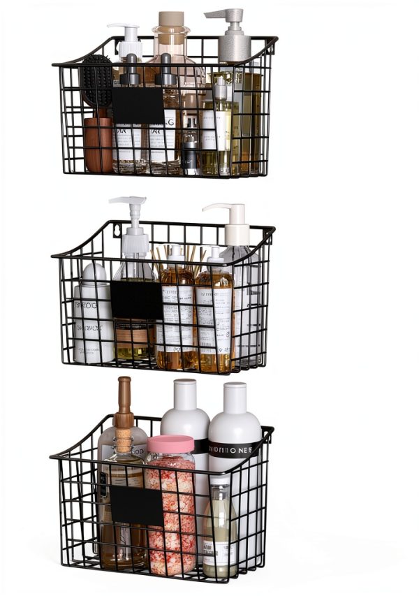 Wall Mounted Bin Basket Xcosrack 3 Pack Metal Wire with 5 Hooks-0