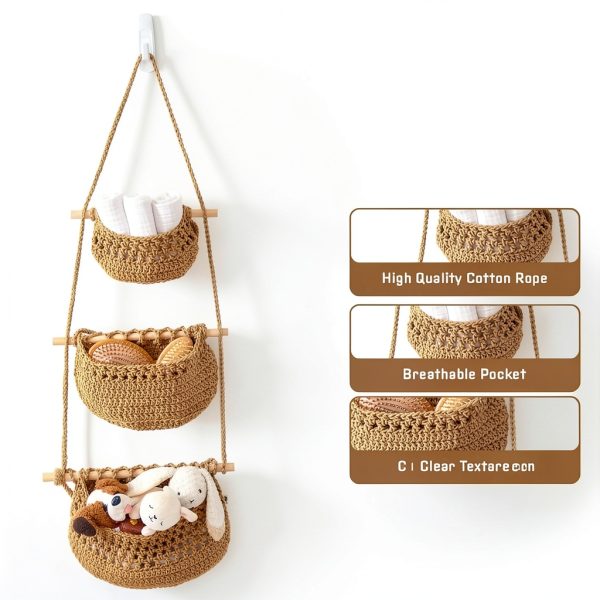 Cotton Hanging Fruit Basket JMZ E Home 3-Tier Woven Basket Boho Brown-3