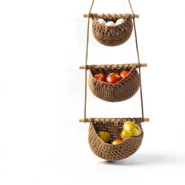 Cotton Hanging Fruit Basket JMZ E Home 3-Tier Woven Basket Boho Brown-1