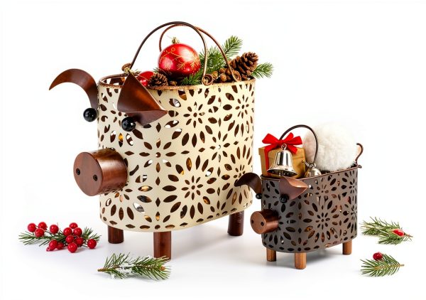 Metal Decorative Small Baskets Zoreal Pig Design Set of 2 White-2