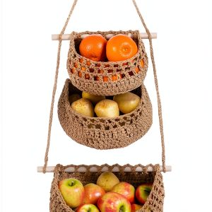 Cotton Hanging Fruit Basket JMZ E Home 3-Tier Woven Basket Boho Brown-0
