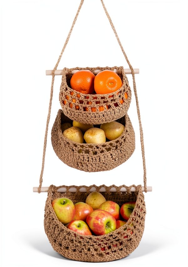 Cotton Hanging Fruit Basket JMZ E Home 3-Tier Woven Basket Boho Brown-0