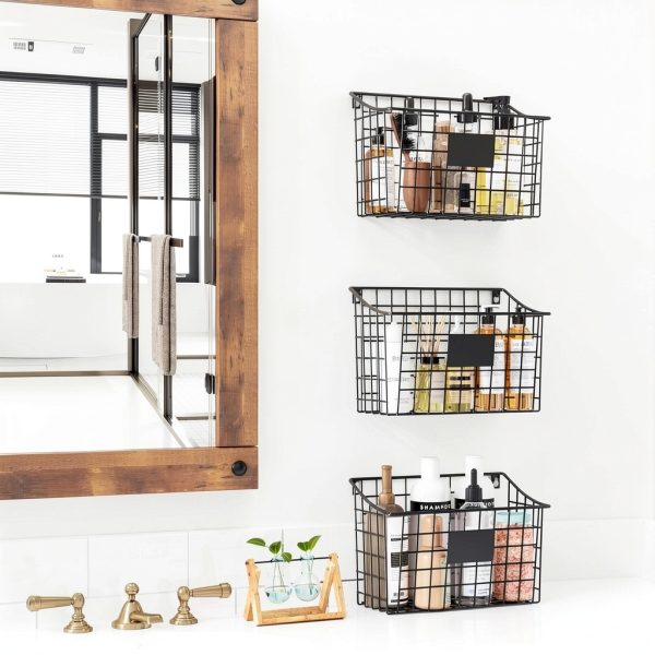 Wall Mounted Bin Basket Xcosrack 3 Pack Metal Wire with 5 Hooks-1
