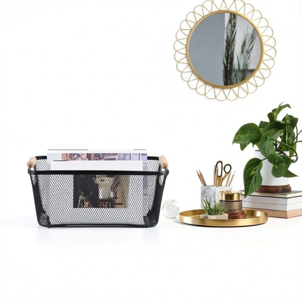 Metal Wire Basket 4pcs Large Black with Wooden Handles by Ziliny-2