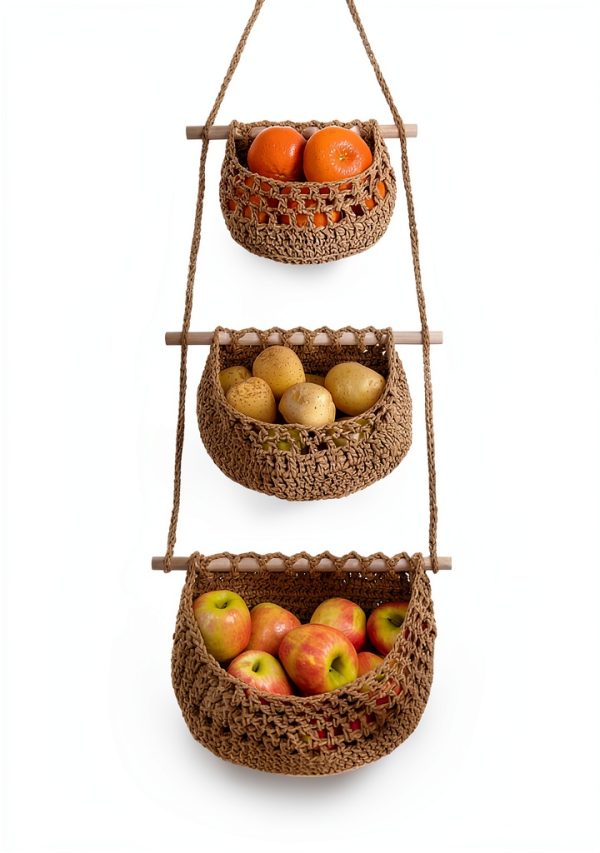 Cotton Hanging Fruit Basket JMZ E Home 3-Tier Woven Basket Boho Brown-2