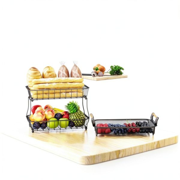 3 Tier Fruit Basket Bowl Miyawell Black Wire Stand Banana Hangers-3