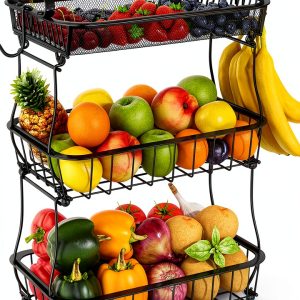 3 Tier Fruit Basket Bowl Miyawell Black Wire Stand Banana Hangers-0
