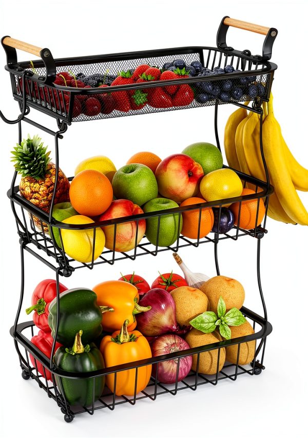 3 Tier Fruit Basket Bowl Miyawell Black Wire Stand Banana Hangers-0