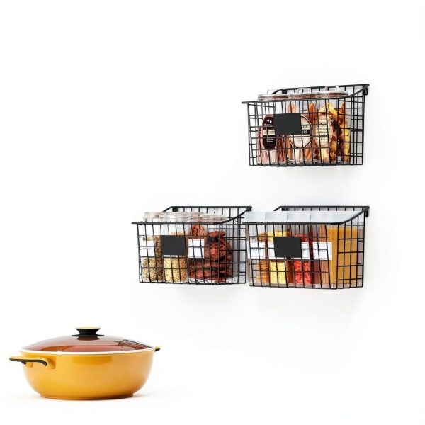 Wall Mounted Bin Basket Xcosrack 3 Pack Metal Wire with 5 Hooks-4