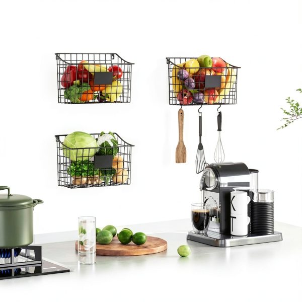 Wall Mounted Bin Basket Xcosrack 3 Pack Metal Wire with 5 Hooks-2