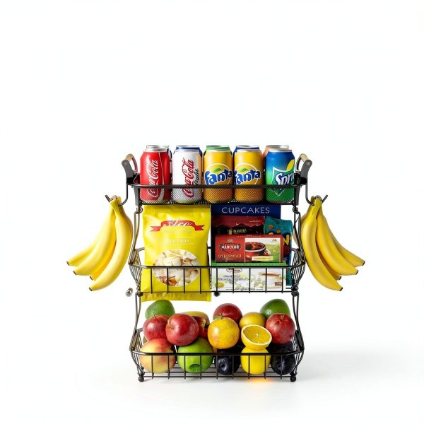 3 Tier Fruit Basket Bowl Miyawell Black Wire Stand Banana Hangers-5