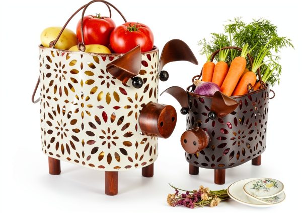 Metal Decorative Small Baskets Zoreal Pig Design Set of 2 White-1