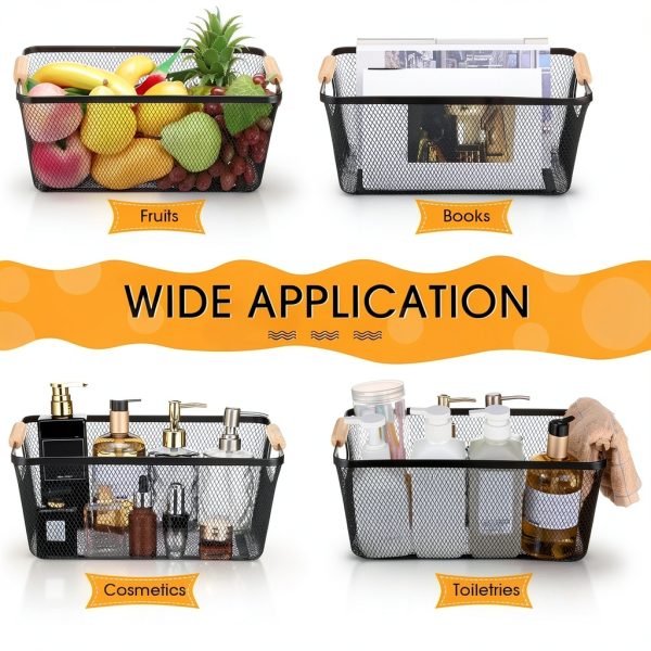Metal Wire Basket 4pcs Large Black with Wooden Handles by Ziliny-6