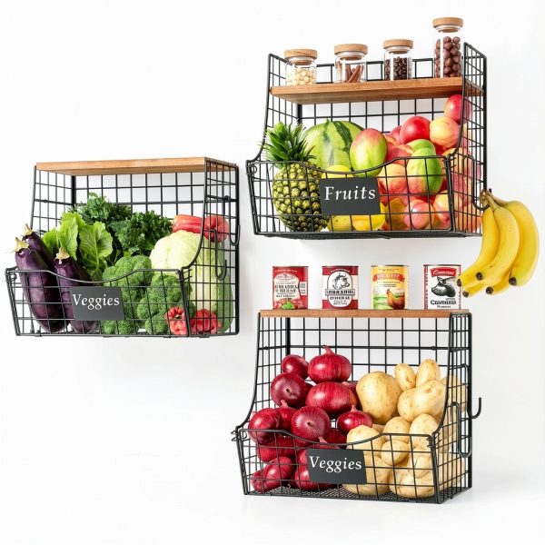 3 Pack Fruit Basket for Kitchen with Wood Lid - Counter&Wall Mounted Onion and Potato Storage with Nameplate, Stackable Storage Basket, Hanging Metal Wire Baskets Kitchen Countertop Organizer Pantry-7