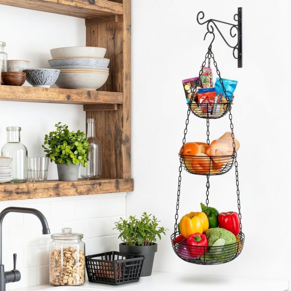 HULISEN 3 Tier Hanging Fruit Basket with Banana Hook Wire Organizer-5