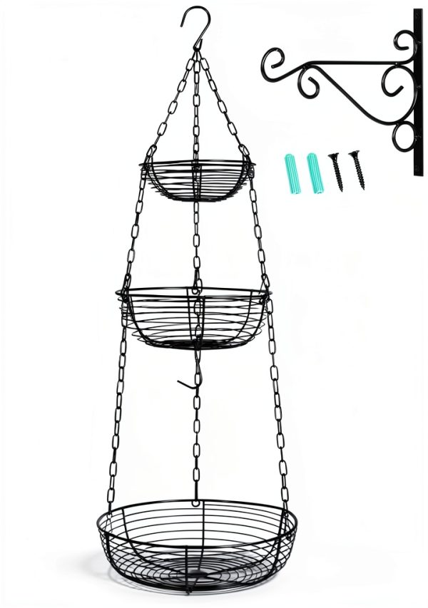 HULISEN 3 Tier Hanging Fruit Basket with Banana Hook Wire Organizer-8