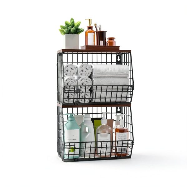 Wawocs 2-Tier Hanging Fruit Basket with Wood Lid, Hooks, Brown Black-4