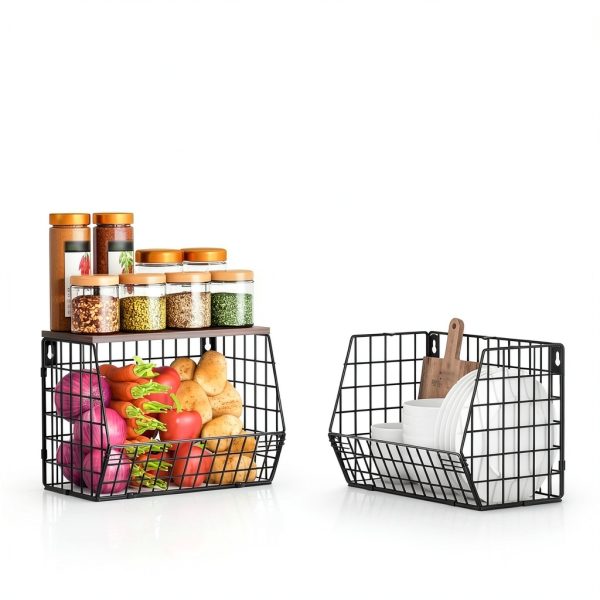 Wawocs 2-Tier Hanging Fruit Basket with Wood Lid, Hooks, Brown Black-3
