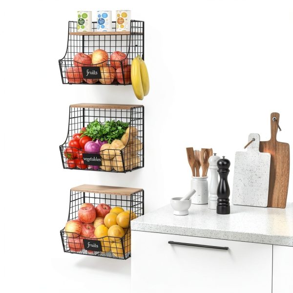 3 Pack Fruit Basket for Kitchen with Wood Lid - Counter&Wall Mounted Onion and Potato Storage with Nameplate, Stackable Storage Basket, Hanging Metal Wire Baskets Kitchen Countertop Organizer Pantry-1