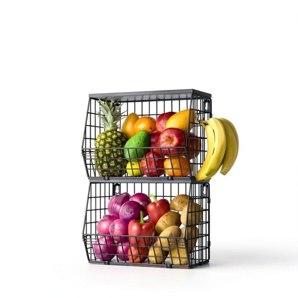 Wawocs 2-Tier Hanging Fruit Basket with Wood Lid, Hooks, Brown Black-5
