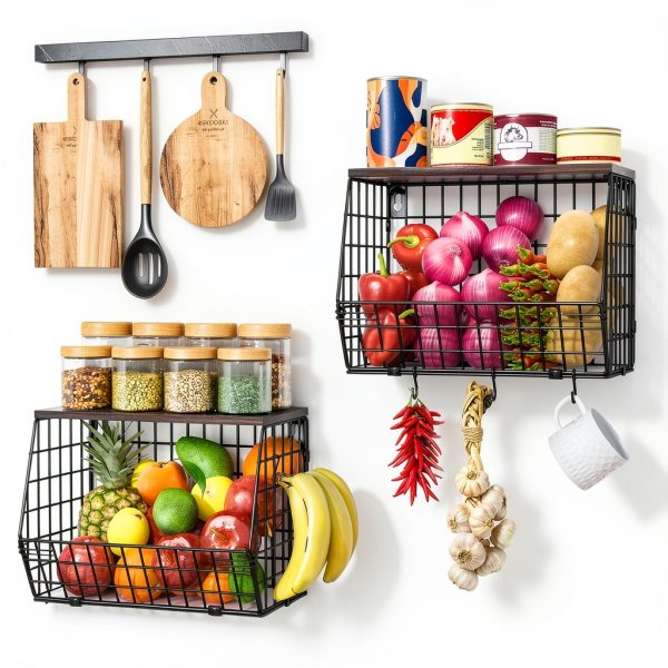 Wawocs 2-Tier Hanging Fruit Basket with Wood Lid, Hooks, Brown Black-2