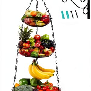 HULISEN 3 Tier Hanging Fruit Basket with Banana Hook Wire Organizer-0