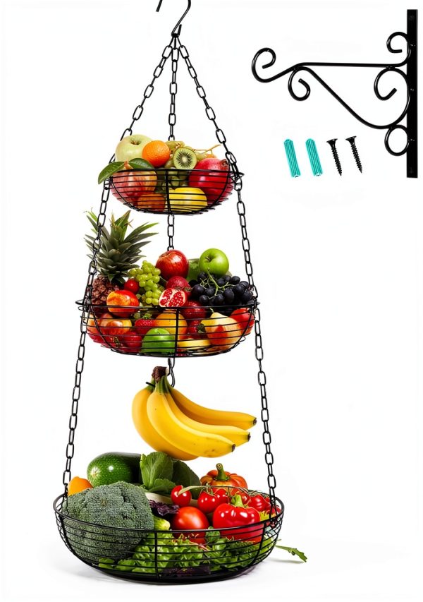 HULISEN 3 Tier Hanging Fruit Basket with Banana Hook Wire Organizer-0