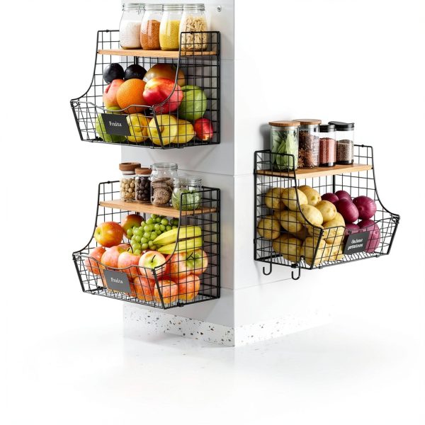 3 Pack Fruit Basket for Kitchen with Wood Lid - Counter&Wall Mounted Onion and Potato Storage with Nameplate, Stackable Storage Basket, Hanging Metal Wire Baskets Kitchen Countertop Organizer Pantry-2