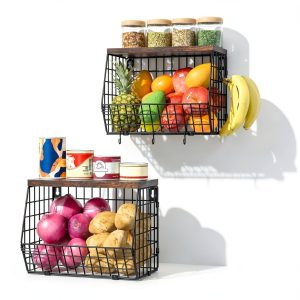 Wawocs 2-Tier Hanging Fruit Basket with Wood Lid, Hooks, Brown Black-0