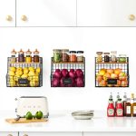 3 Pack Fruit Basket for Kitchen with Wood Lid - Counter&Wall Mounted Onion and Potato Storage with Nameplate, Stackable Storage Basket, Hanging Metal Wire Baskets Kitchen Countertop Organizer Pantry-0