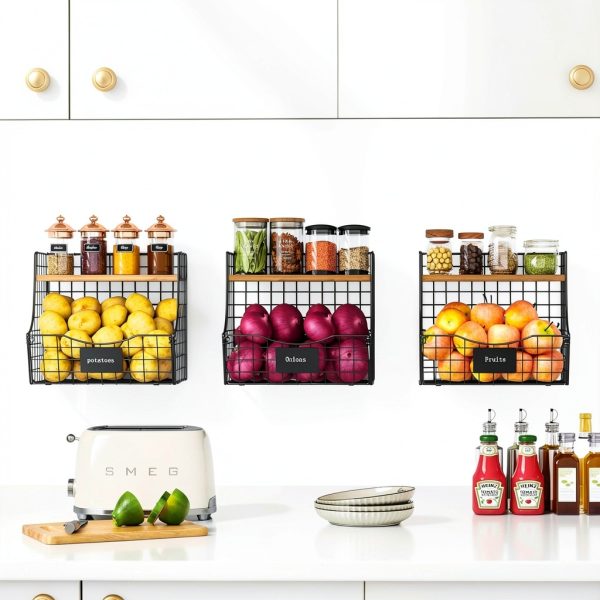 3 Pack Fruit Basket for Kitchen with Wood Lid - Counter&Wall Mounted Onion and Potato Storage with Nameplate, Stackable Storage Basket, Hanging Metal Wire Baskets Kitchen Countertop Organizer Pantry-0