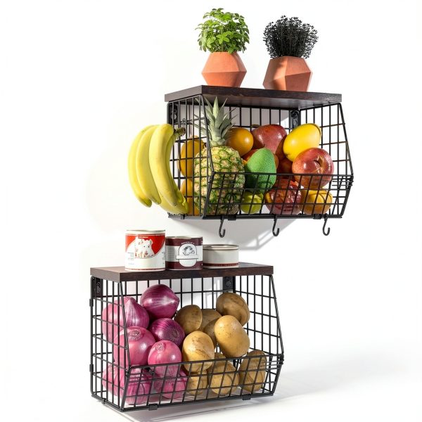 Wawocs 2-Tier Hanging Fruit Basket with Wood Lid, Hooks, Brown Black-1