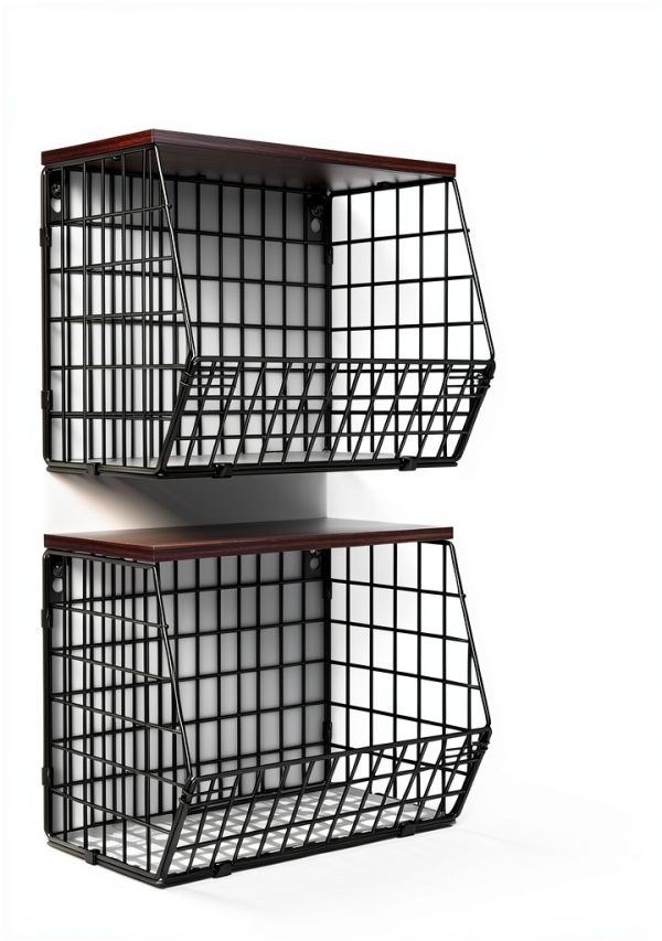 Wawocs 2-Tier Hanging Fruit Basket with Wood Lid, Hooks, Brown Black-6