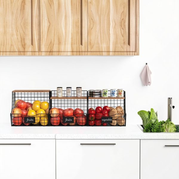 3 Pack Fruit Basket for Kitchen with Wood Lid - Counter&Wall Mounted Onion and Potato Storage with Nameplate, Stackable Storage Basket, Hanging Metal Wire Baskets Kitchen Countertop Organizer Pantry-8