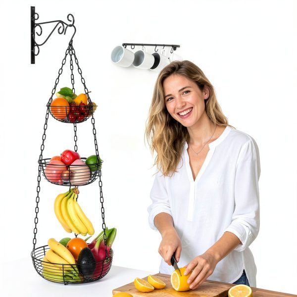 HULISEN 3 Tier Hanging Fruit Basket with Banana Hook Wire Organizer-1