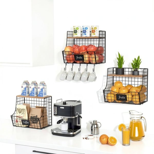 3 Pack Fruit Basket for Kitchen with Wood Lid - Counter&Wall Mounted Onion and Potato Storage with Nameplate, Stackable Storage Basket, Hanging Metal Wire Baskets Kitchen Countertop Organizer Pantry-3